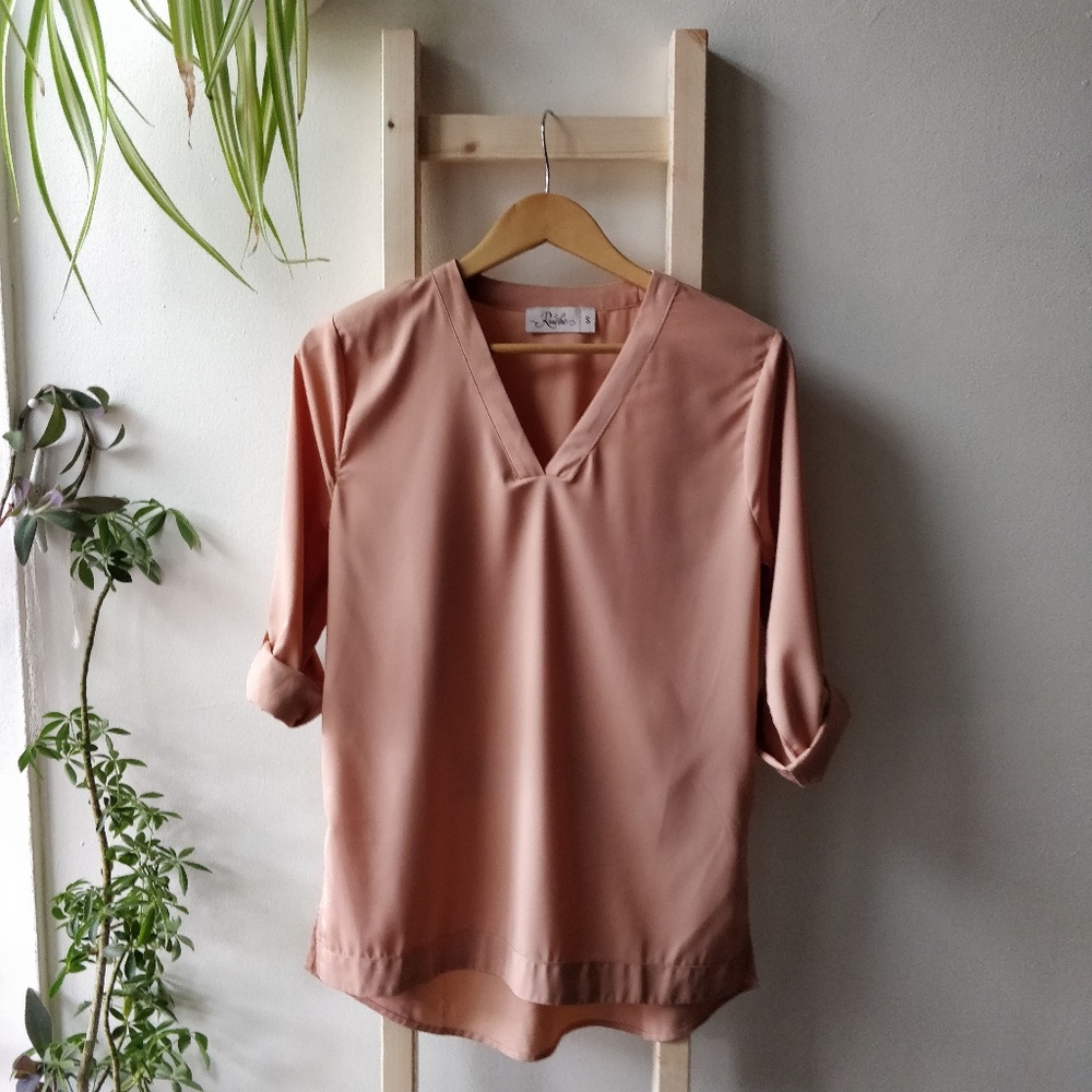 3 for $20 - Ruche V-Neck Tunic Roll Sleeve Blouse